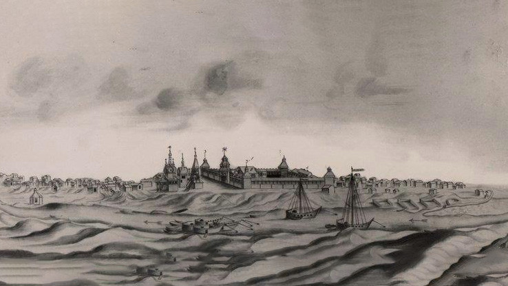 Панорама Новой Мангазеи. 1739 г. Рисунок И. Люрсениуса. Фото: https://goskatalog.ru