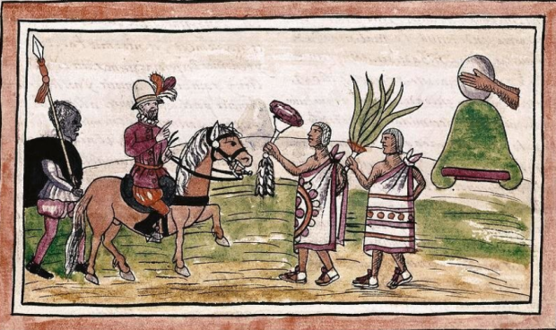 Эрнан Кортес, верхом на коне, принимает дары от касиков (вождей, правителей). Фото: https://ru.wikipedia.org