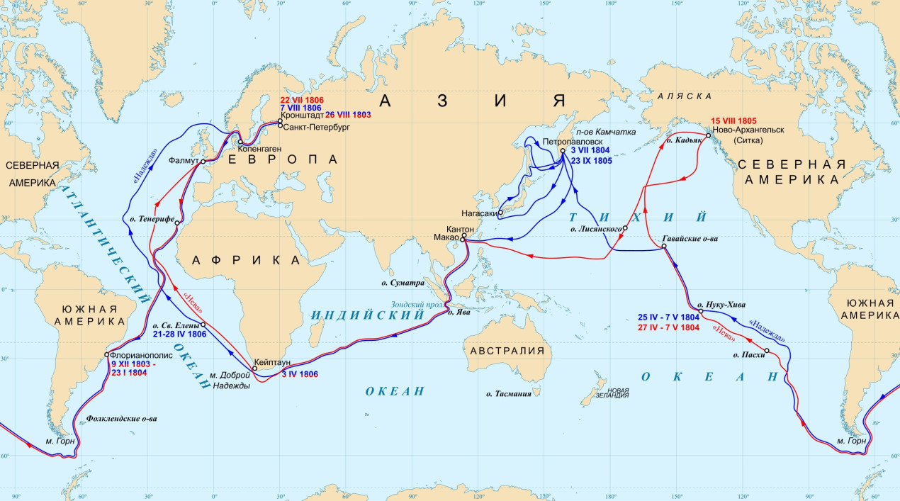 Карта первой русской кругосветной экспедиции. Источник: wikipedia.org