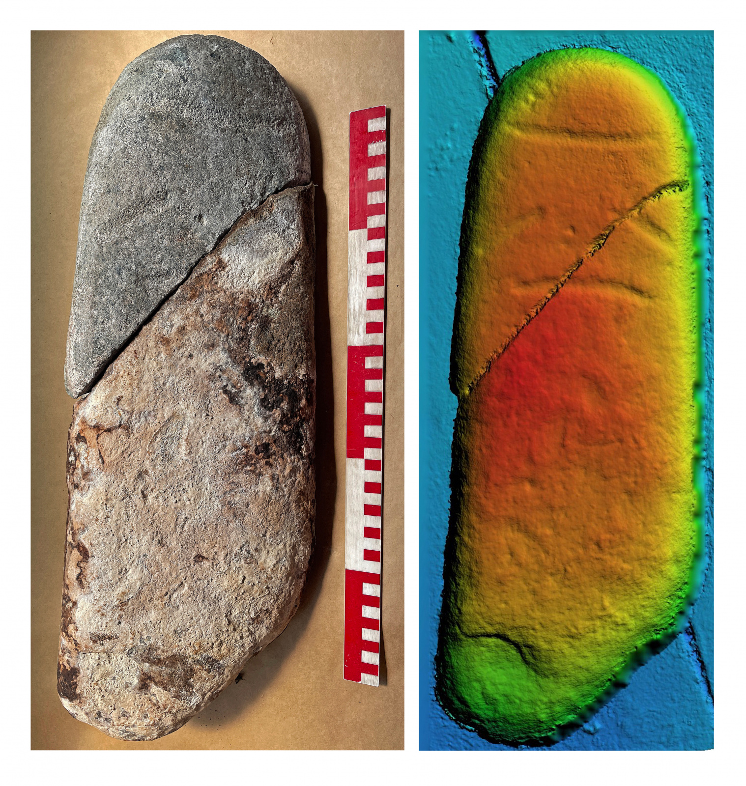 Стела 1, состоит из двух фрагментов: верхний был найден в 2020-м году, нижний — в этом сезоне. На 3D-модели справа видно изображение человека. Фото предоставлено участниками экспедиции