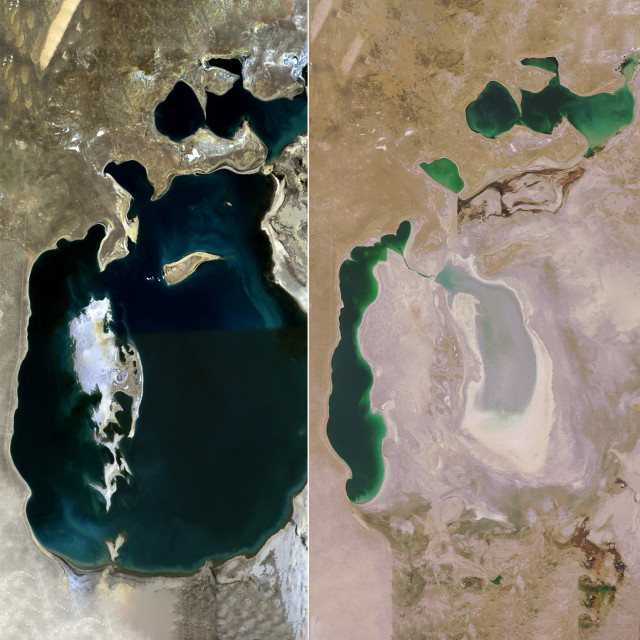 Аральское море в 1989 и 2008 годах. Вид из космоса. Фото: wikipedia.org