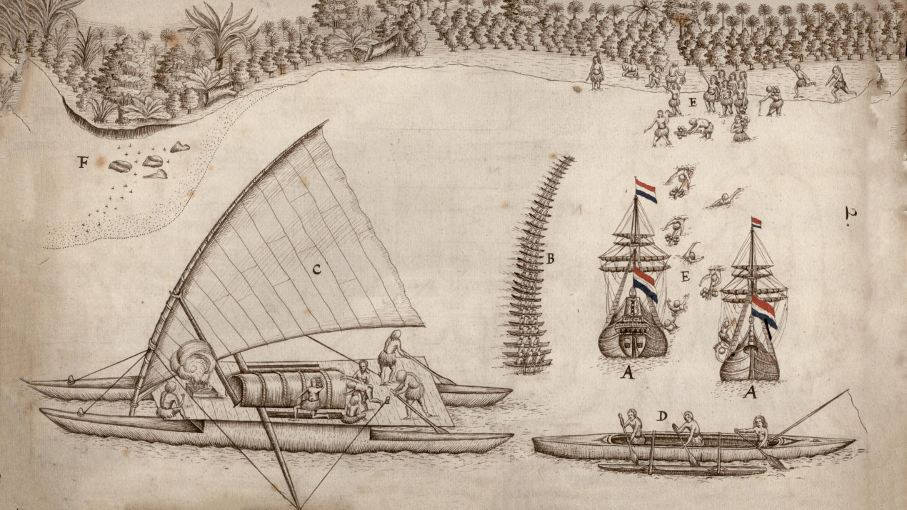 Эволюция полинезийского кораблестроения: на переднем плане челн и катамаран. Фото: https://ru.wikipedia.org