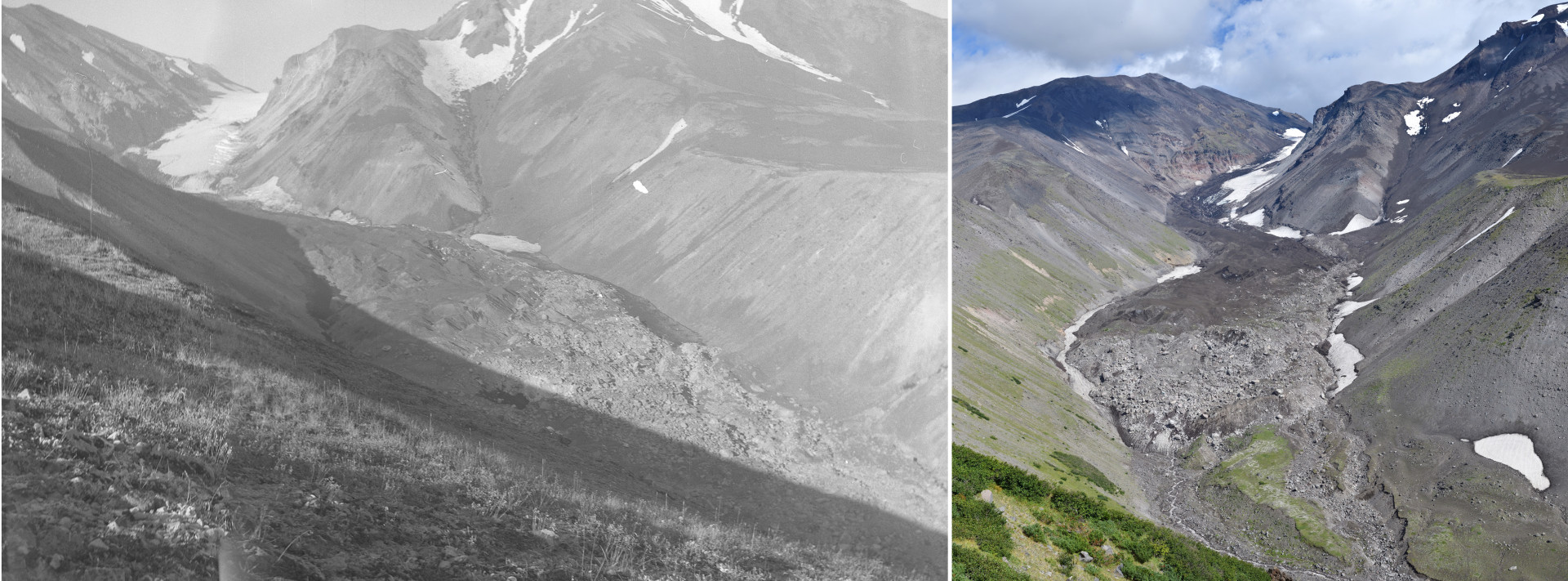 Ледник Козельский на Камчатке. Слева - вид в 1986 году. Справа - вид в 2022 году. Фото: сайт «Архив изображений ледников России»