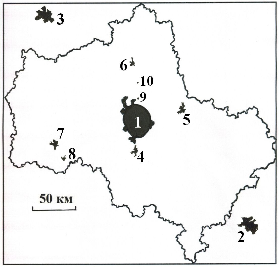 Карта с населенными пунктами, выбранными для анализа 