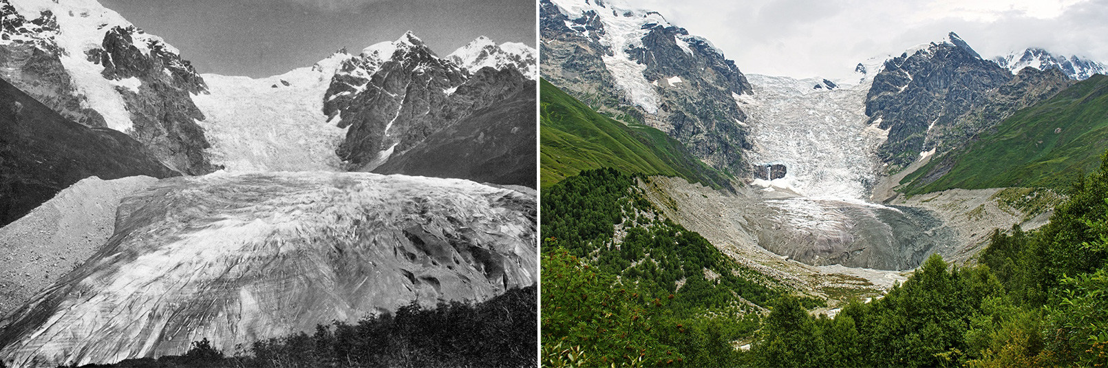 Ледник Адиши. Слева - фотография Мориса Деши 1884 года. Справа - снимок 2011 года. Фото: сайт «Архив изображений ледников России»