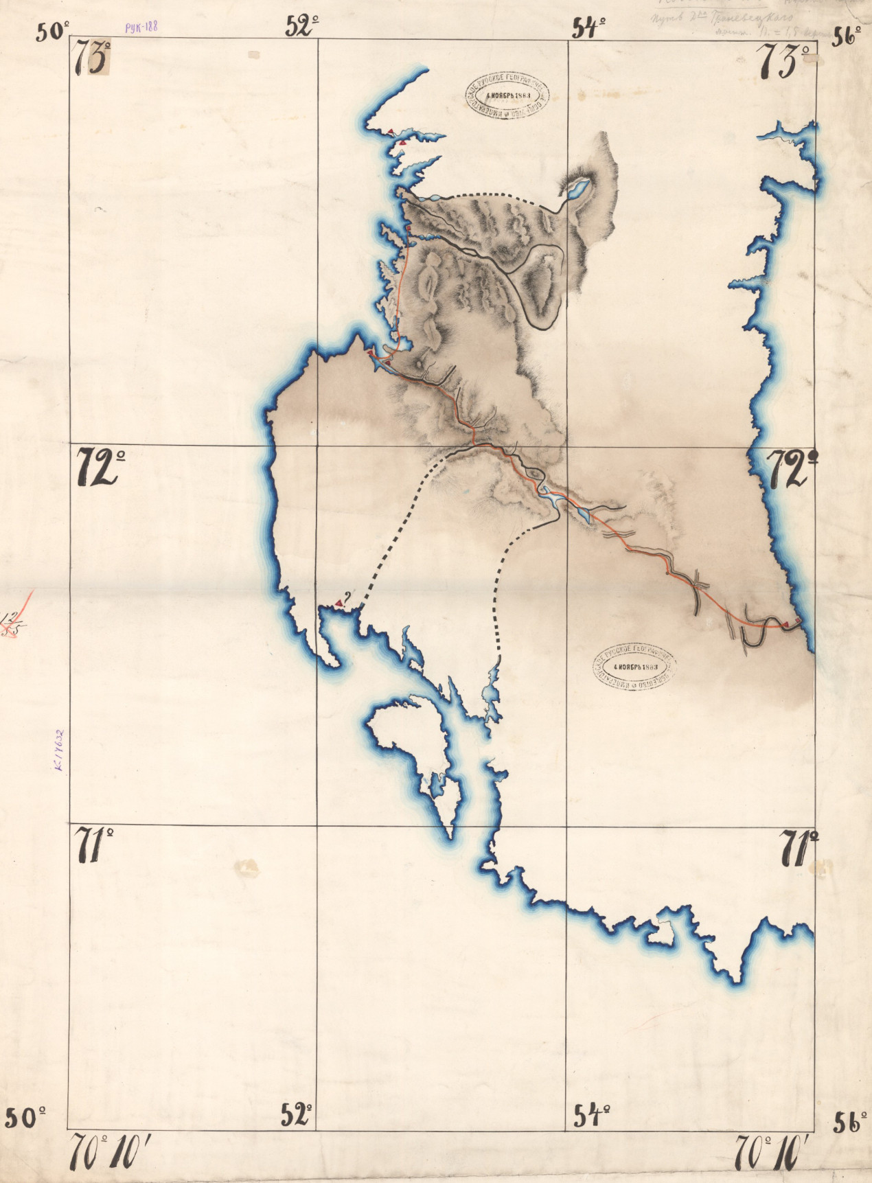 Карта первого пересечения Новой Земли Л. Гриневецким в 1873 году. Фото: Научный архив РГО