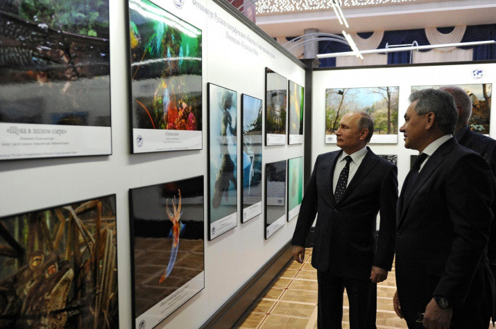 Владимир Путин и Сергей Шойгу осматривают выставку фотоконкурса 