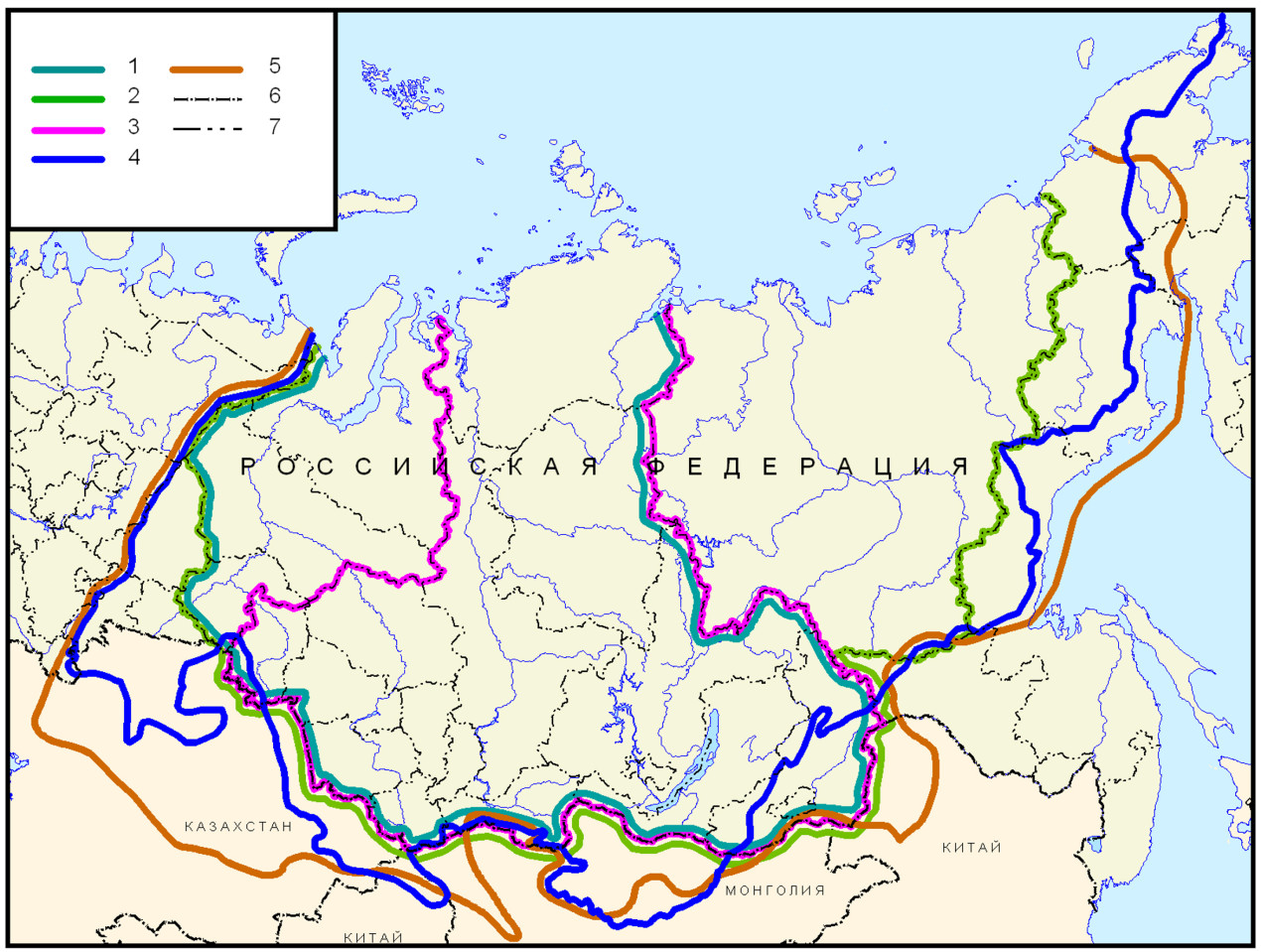 Границы Сибири в соответствии с различными подходами: 1 - экономический, 2 – общегеографический, 3 – федеральный, 4 – гидрографический, 5 – физико-географический; 6 – государственные границы, 7 – границы субъектов РФ. Карта-схема предоставлена Л. Корытным