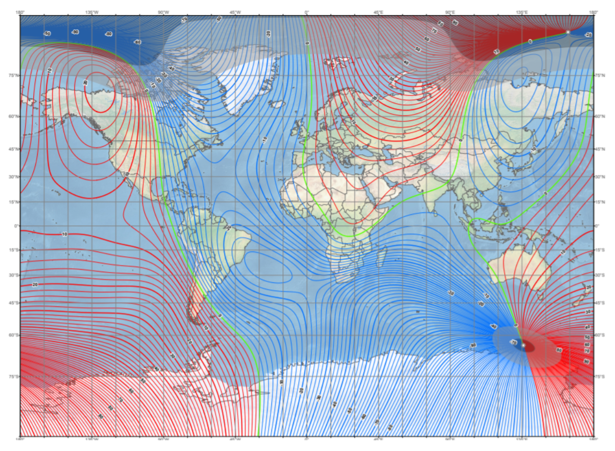 Рис. 6. Карта магнитных склонений модели главного МПЗ WMM 2020. (https://www.ngdc.noaa.gov/geomag/WMM/). Изображение предоставлено участниками экспедиции