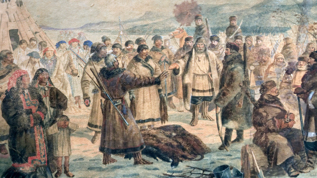 Сбор ясака казаками. Акварель неизвестного художника. Фото: wikipedia.org