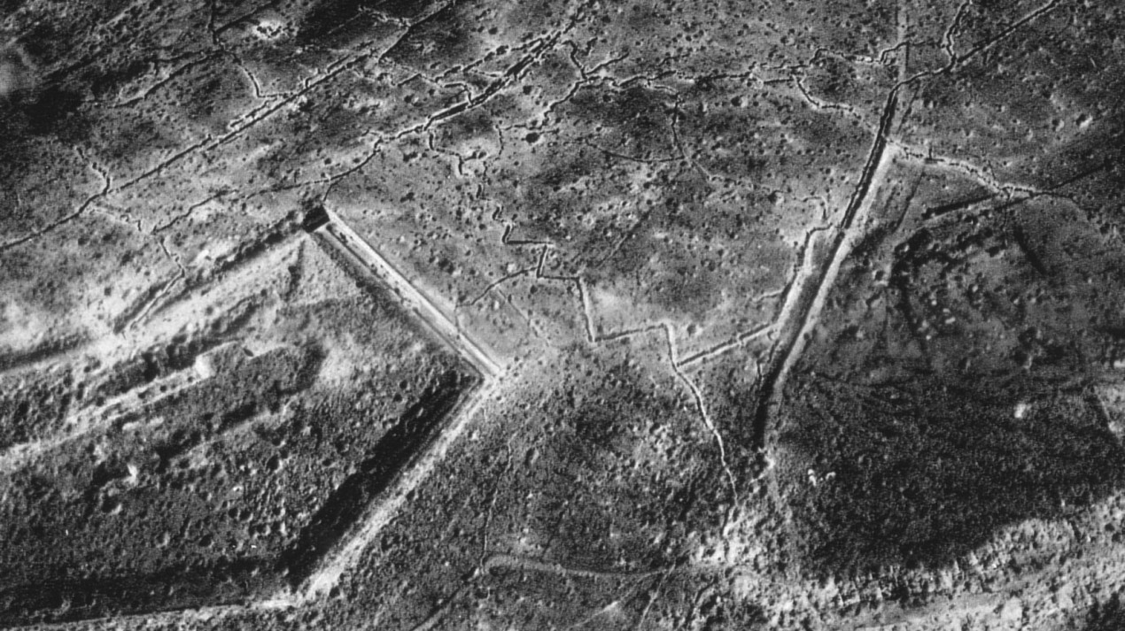 Location of the Battle of Verdun, top view. Trenches and shell craters are visible. Photo: https://en.wikipedia.org
