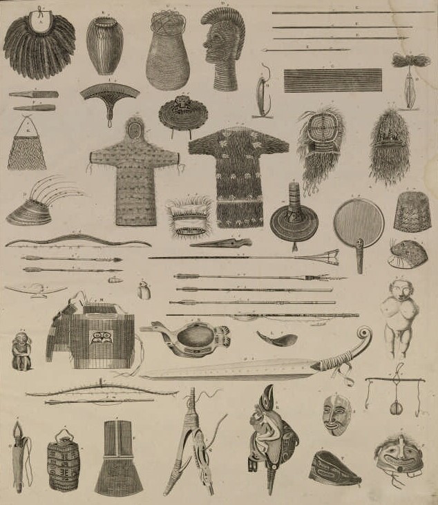 Предметы быта и личные вещи жителей Сандвичевых островов. Рисунок из книги "Атлас к путешествию Ю. Лисянского"