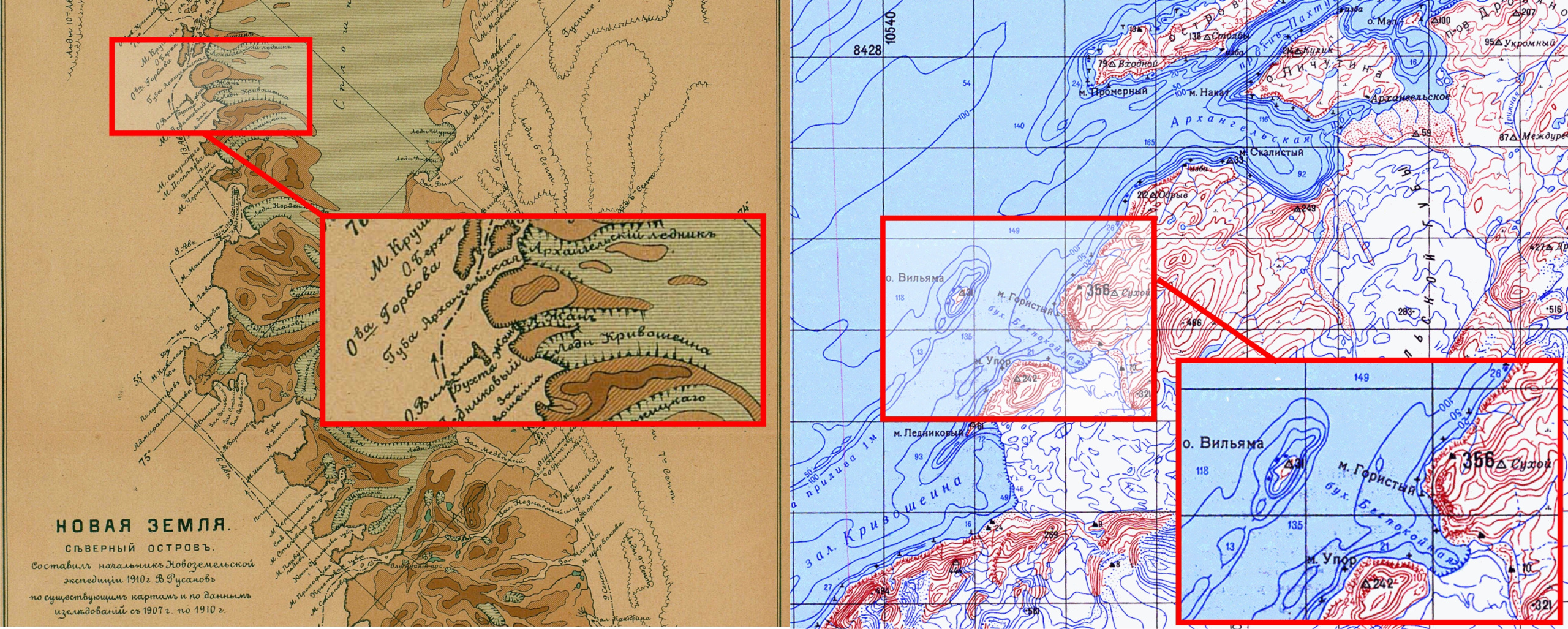 Положение бухты Жан на карте В. Русанова 1910 года и бухты Беспокойная на современной карте