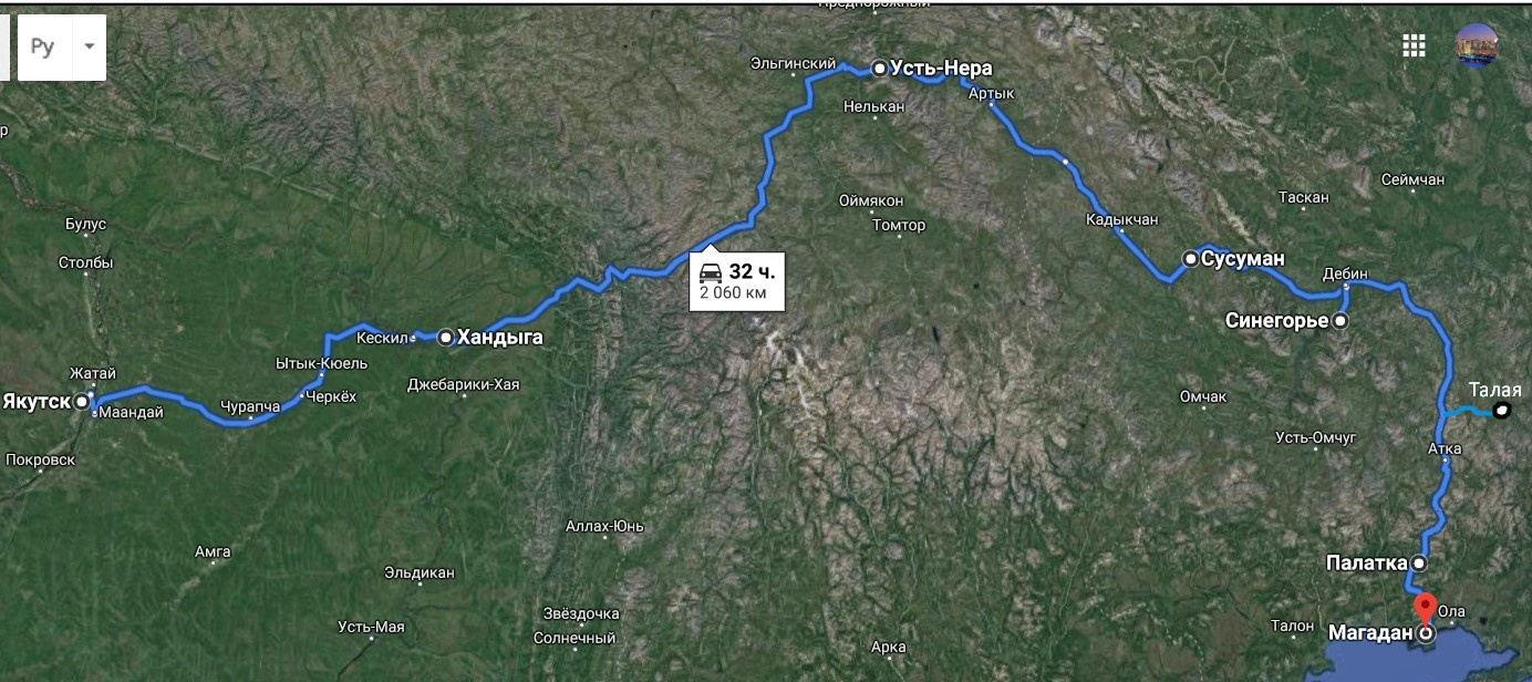 Маршрут географов МГУ: Якутск – Нижний Бестях – Хандыга – Усть-Нера – Сусуман – Синегорье – Талая – Магадан. Изображение предоставлено участниками экспедиции