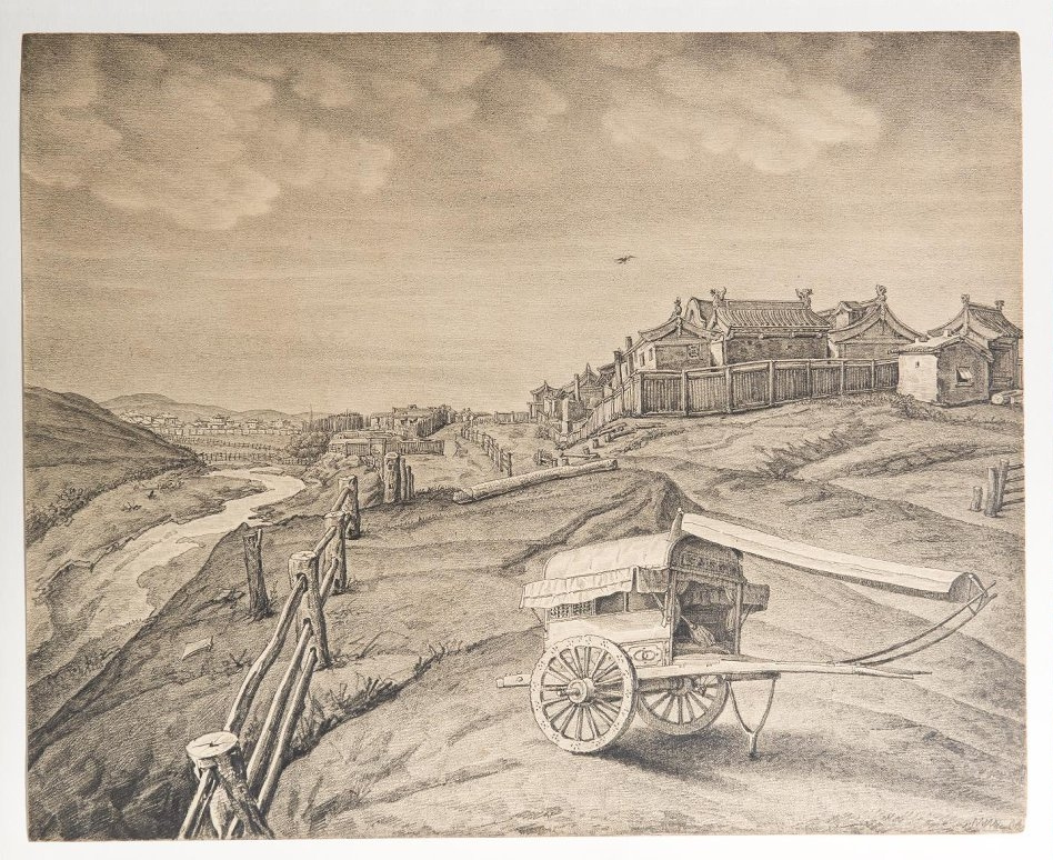 Вид на Маймайчен и Кяхту. 1849—1850 гг. Рисунок Карла Мазера 