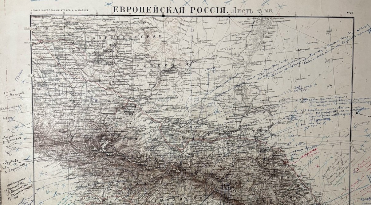 Фрагмент карты европейской части России с рукописными пометами Ю.М. Шокальского. Фото: Картографический фонд РГО