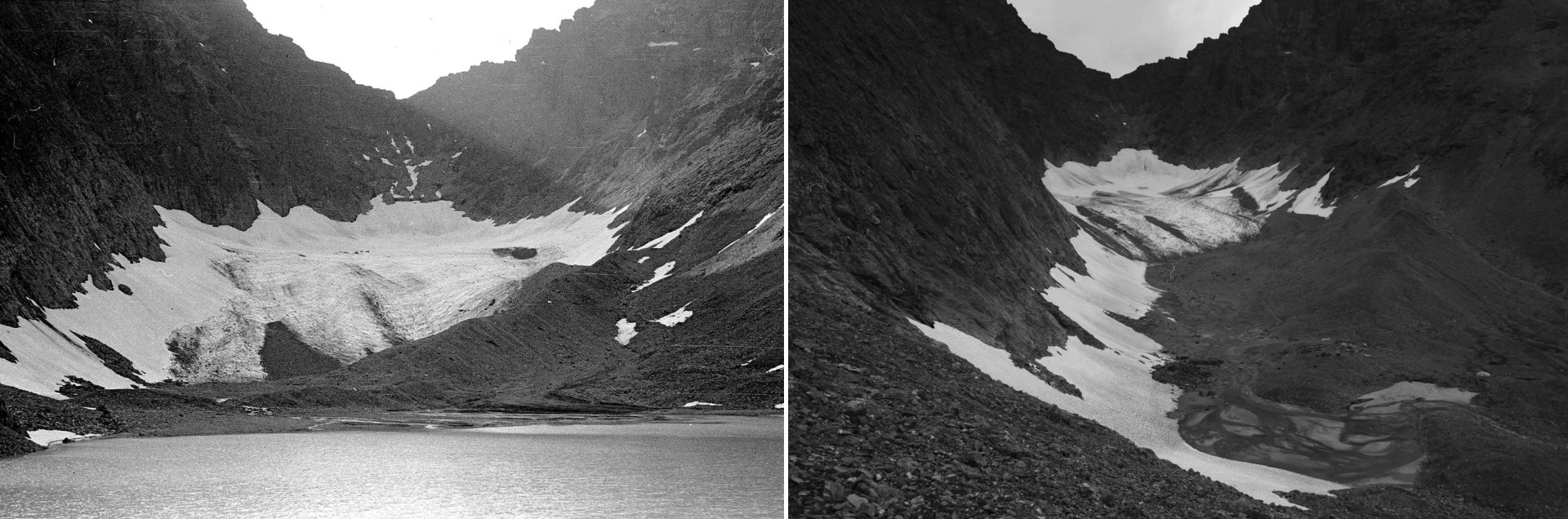 Изменения Ледника Обручева с 1953 (фото слева) к 2005 (фото справа) году. Фото: сайт «Архив изображений ледников России»