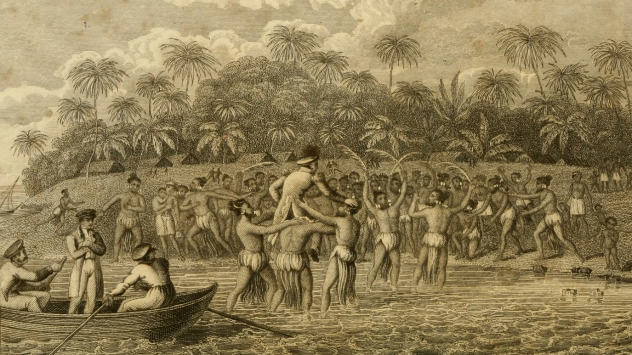 Прием путешественников островитянами. Иллюстрация из книги Отто Коцебу «Новое путешествие вокруг света в 1823-1826 гг». 