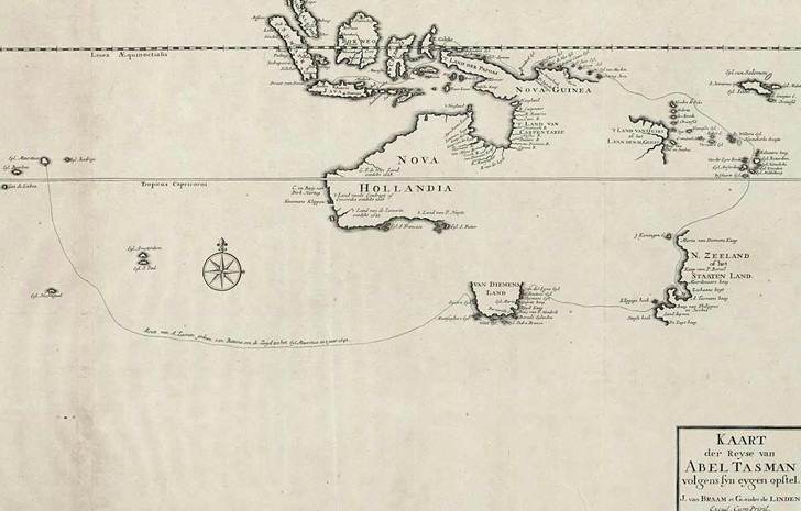 Карта с указанием маршрута, по которому в 1642 году прошел Тасман. Фото: Dutch National Library