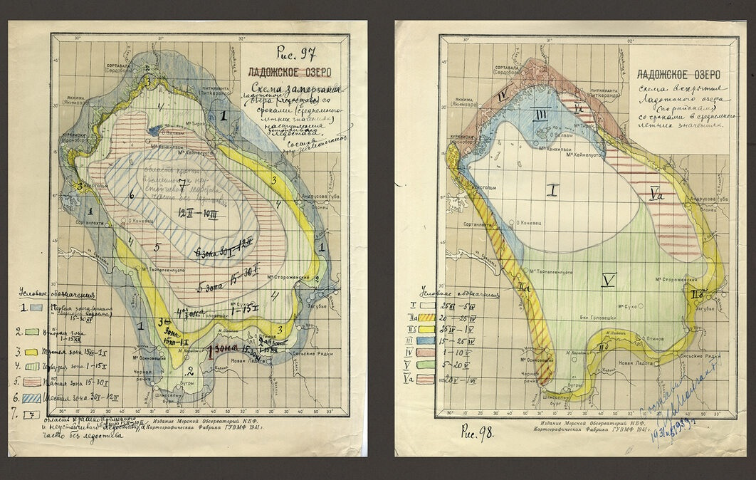 Схема замерзания и вскрытия Ладожского озера, составленная профессором И. В. Молчановым для проектирования Дороги жизни. Фото: Научный архив РГО 