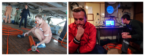 Fig. 13. Preparation of a marine proton magnetometer in the South Atlantic. Reflecting on the results of geophysical surveys I. Grushnikov and M. Kuzyakin