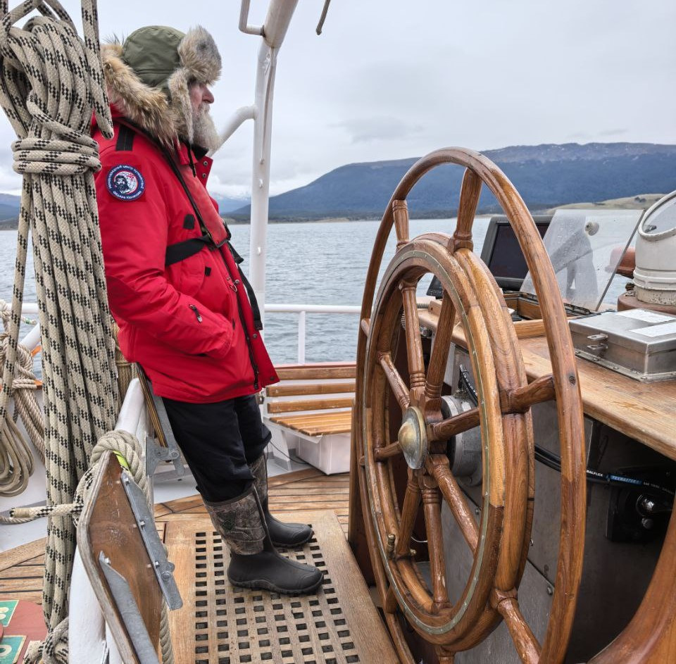 The famous traveler on the captain's bridge of the schooner Amazon, which will take him to the Sixth Continent. Photo courtesy of Fedor Konyukhov's expeditionary headquarters