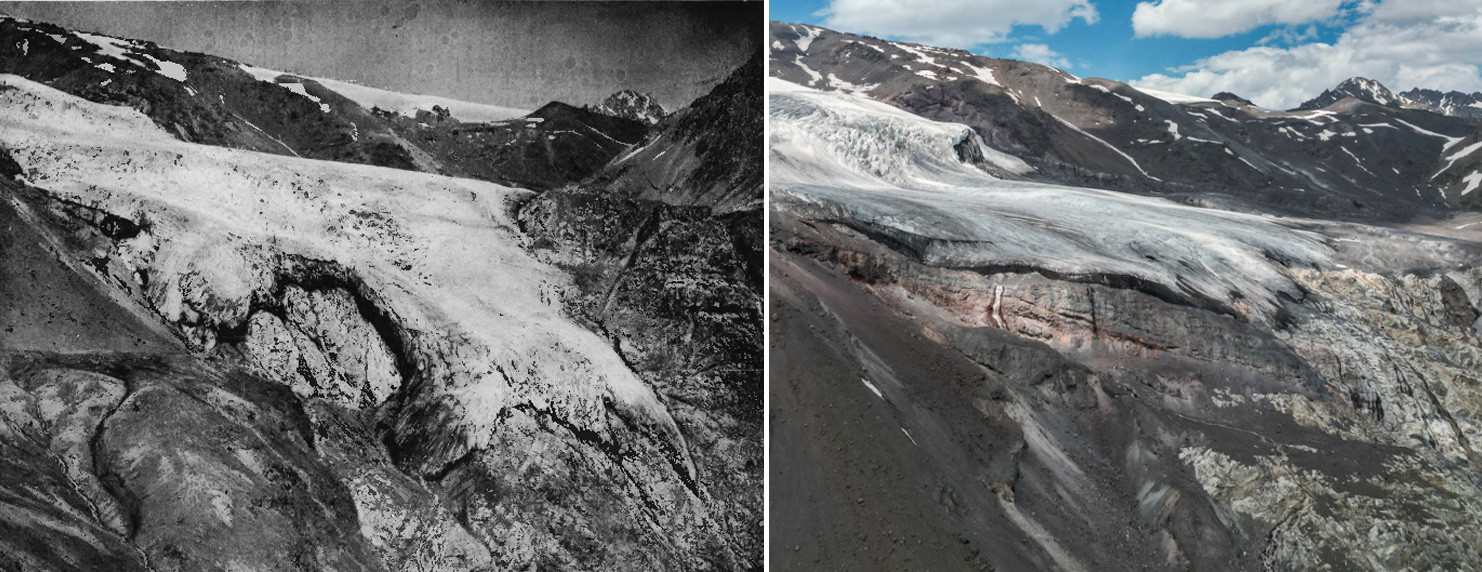 Кавказский ледник Терскол. Слева - так он выглядел в 1959 году. Справа - в 2021 году. Фото: сайт «Архив изображений ледников России»