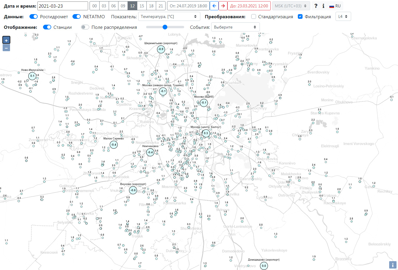Сеть станций мониторинга на карте в приложении Mosclim