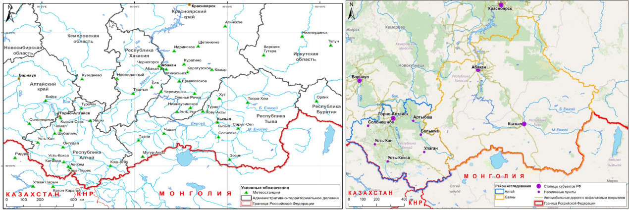 Карта метеорологических баз, предоставивших информацию для исследования (слева) и карта посещённых населённых пунктов (справа). Фото: www.spbu.ru