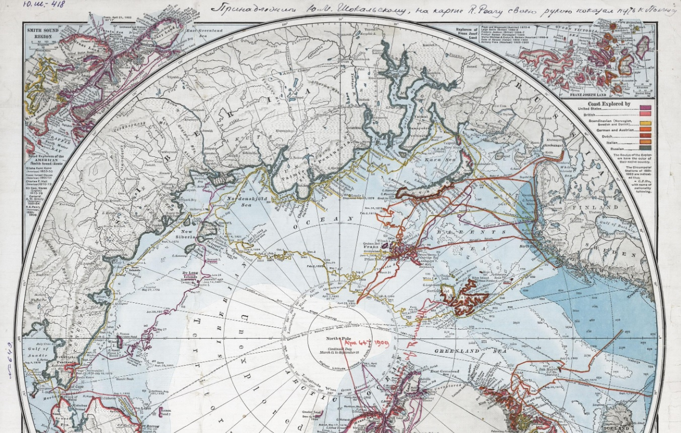Фрагмент карты Арктики с маршрутом Р. Пири. Фото: Картографический фонд РГО