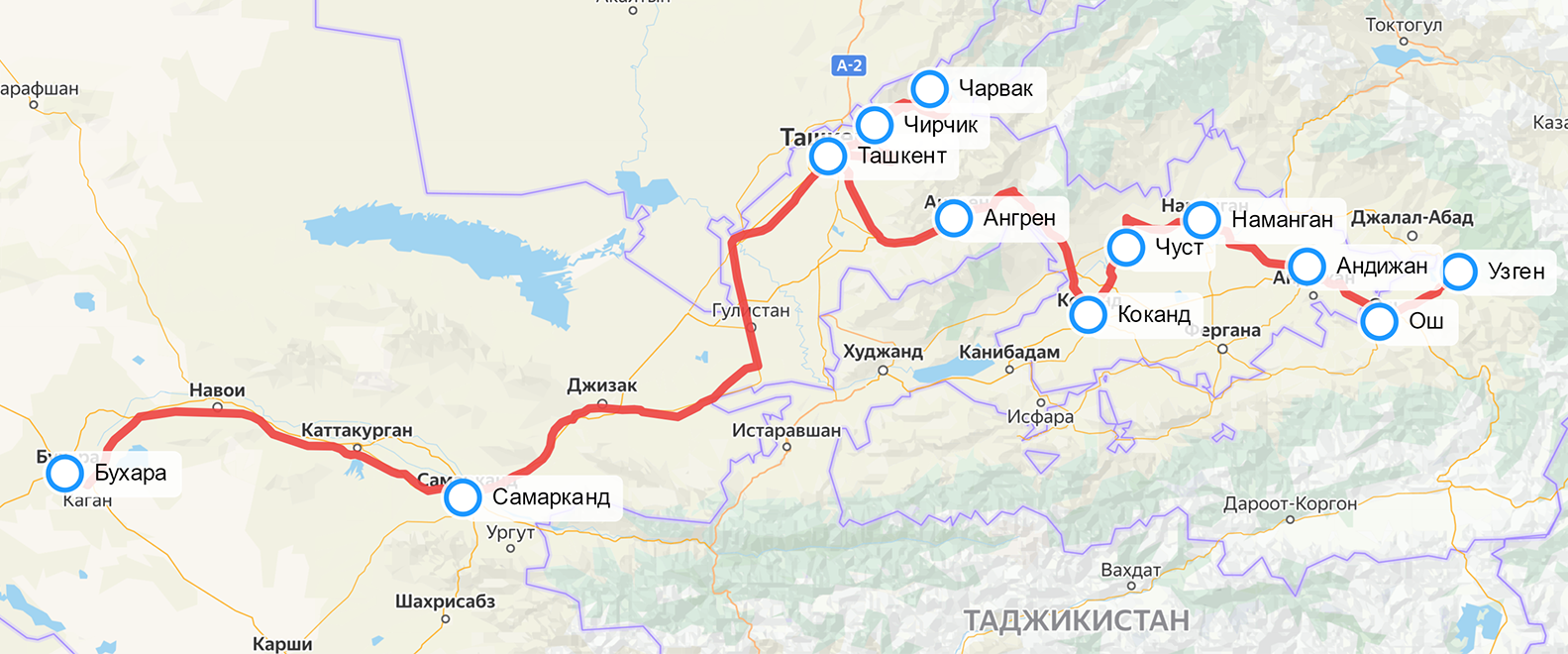 Маршрут экспедиции по Киргизии и Узбекистану