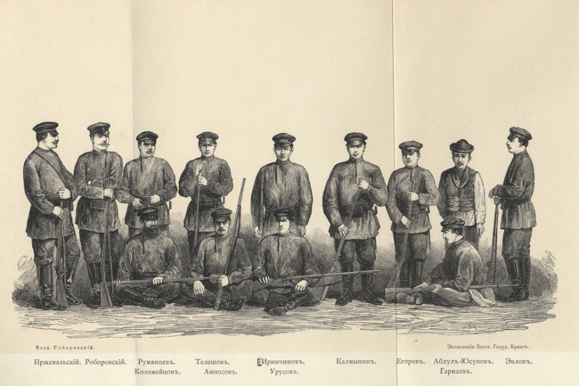 Участники первой Тибетской экспедиции (1879–1880). Рисунок В. И. Роборовского. Фото: Научный архив РГО