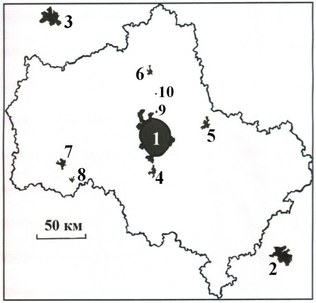 Карта с населенными пунктами, выбранными для анализа. Предоставлено кафедрой метеорологии и климатологии МГУ