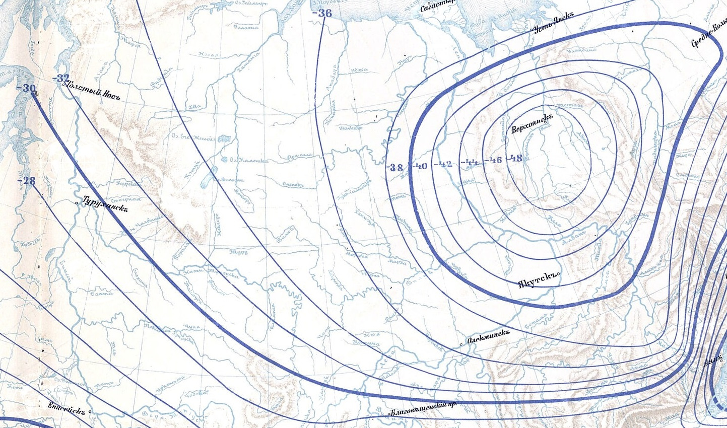 Карта изотерм января 1900 года в районе Верхоянска. 