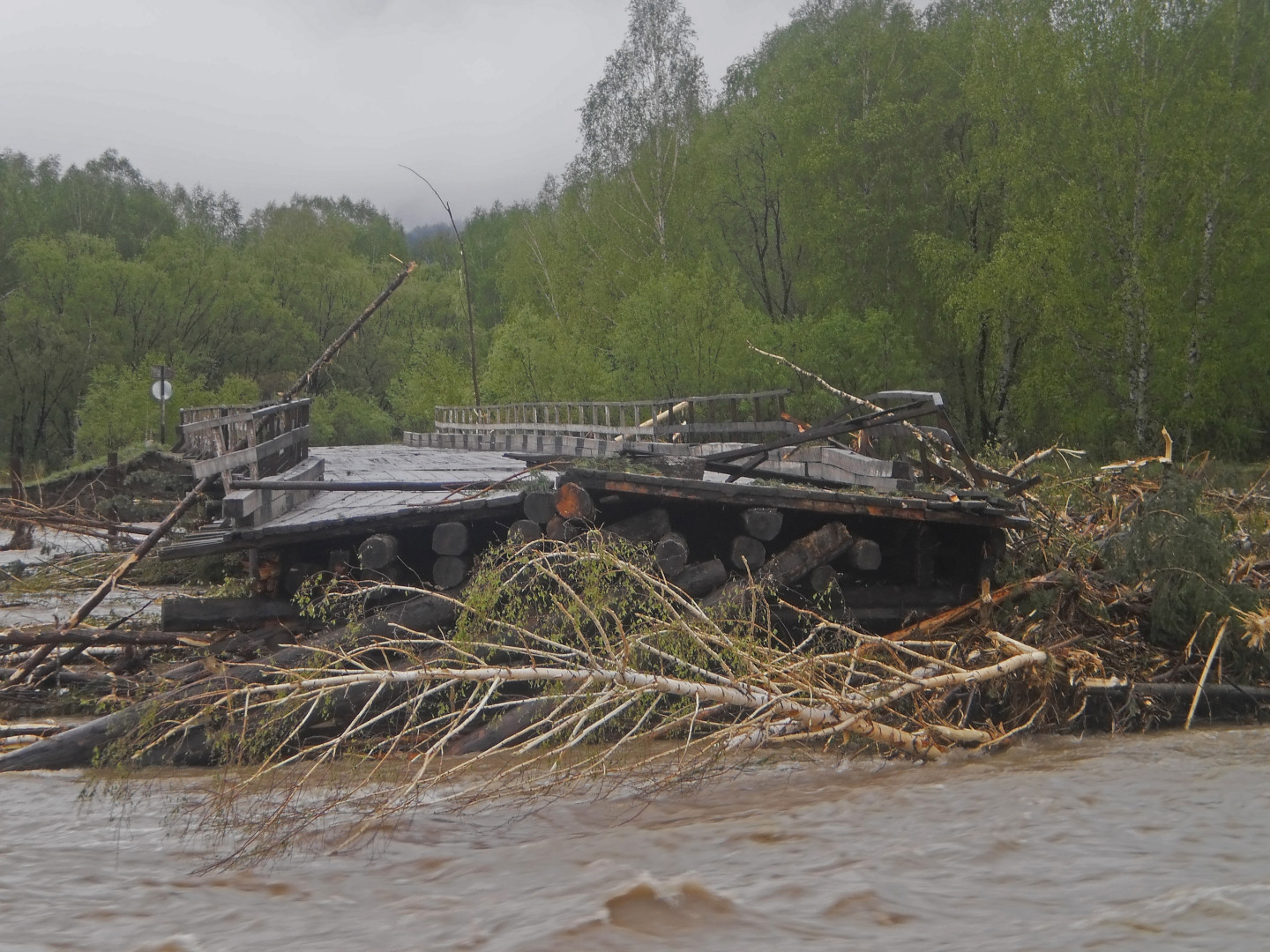 Частично разрушенный мост близ села Коргон вследствие наводнения в 2014 г. Фото предоставлено администрацией Усть-Канского района Республики Алтай