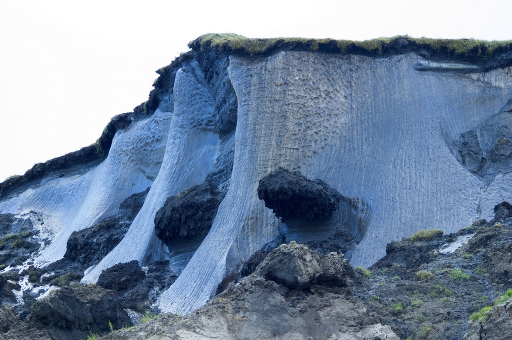 Тающие линзы многолетней мерзлоты на береговом обрыве острова Самойловский. Фото: В. Горбатовский