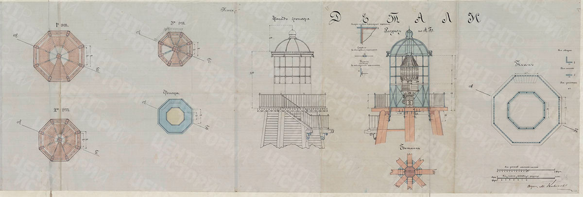 Чертеж на перестройку деревянной башни Святоносского маяка в Белом море (РГА ВМФ, Ф.404, О.3, Д.62, л. 6)