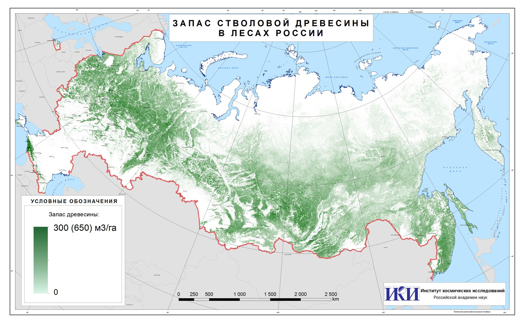 Пример карты запасов стволовой фитомассы лесов, составленной Институтом космических исследований РАН. Фото: пресс-служба геофака МГУ