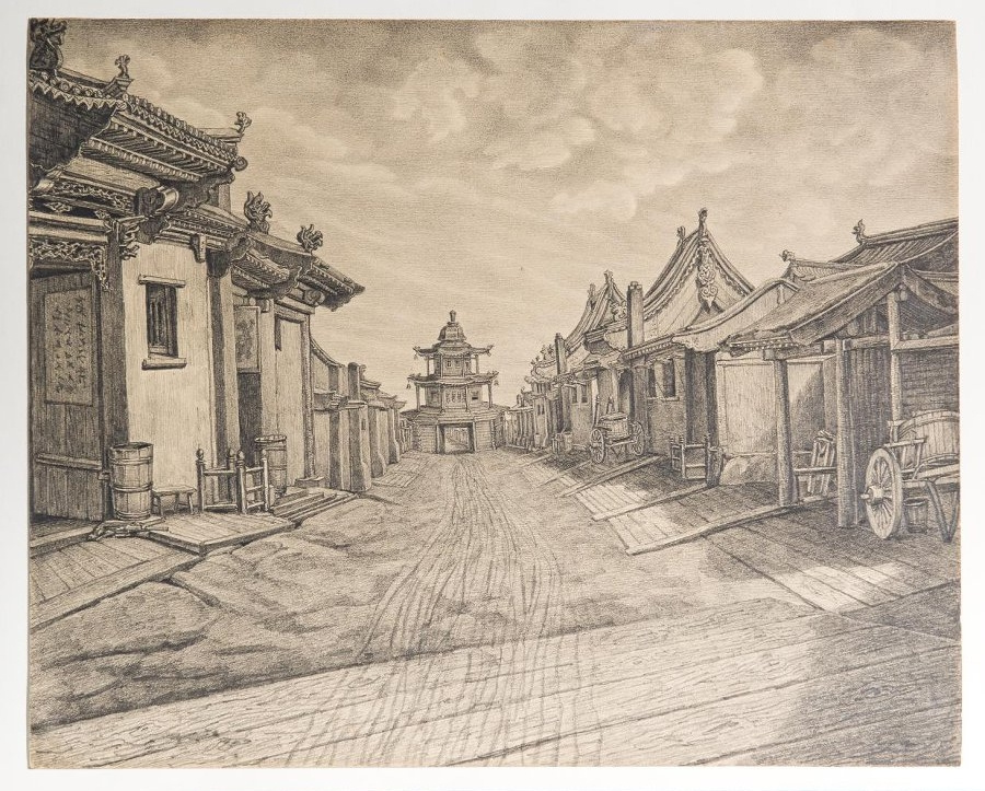 Улица в Маймайчене с кумирней на заднем плане. 1849—1850. Рисунок из альбома 