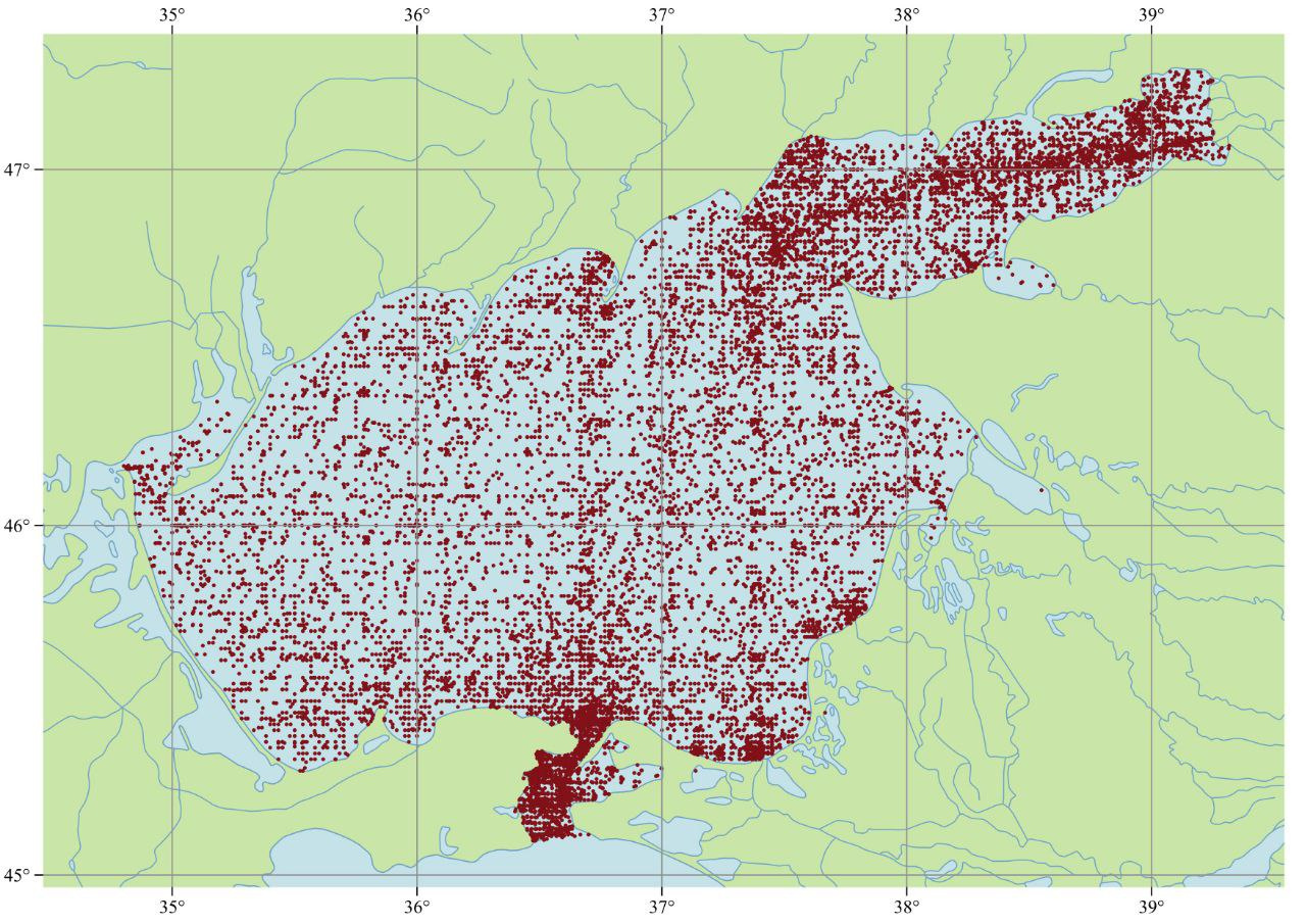 Карта с отметками мест наблюдений из атласа Азовского моря. Архив ЮНЦ РАН
