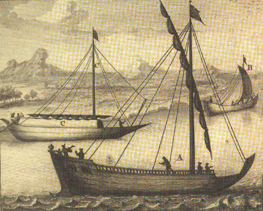 На гравюре в центре изображён дощаник, слева – каюк, справа – коч. Фото: из книги Н.Витсена «Северная и Восточная Тартария»