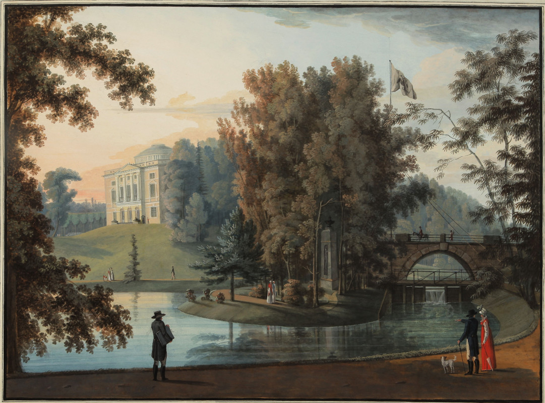 Т. А. Васильев Вид на Павловский дворец со стороны реки Славянки. 1817. Акварель. © «Музей-заповедник «Павловск»
