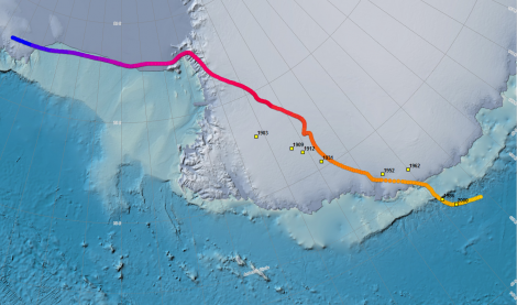 Fig. 7. The shift of the South Magnetic Pole. Yellow squares indicate the places of the magnetic pole observations (https://www.ngdc.noaa.gov/geomag/GeomagneticPoles.shtml)