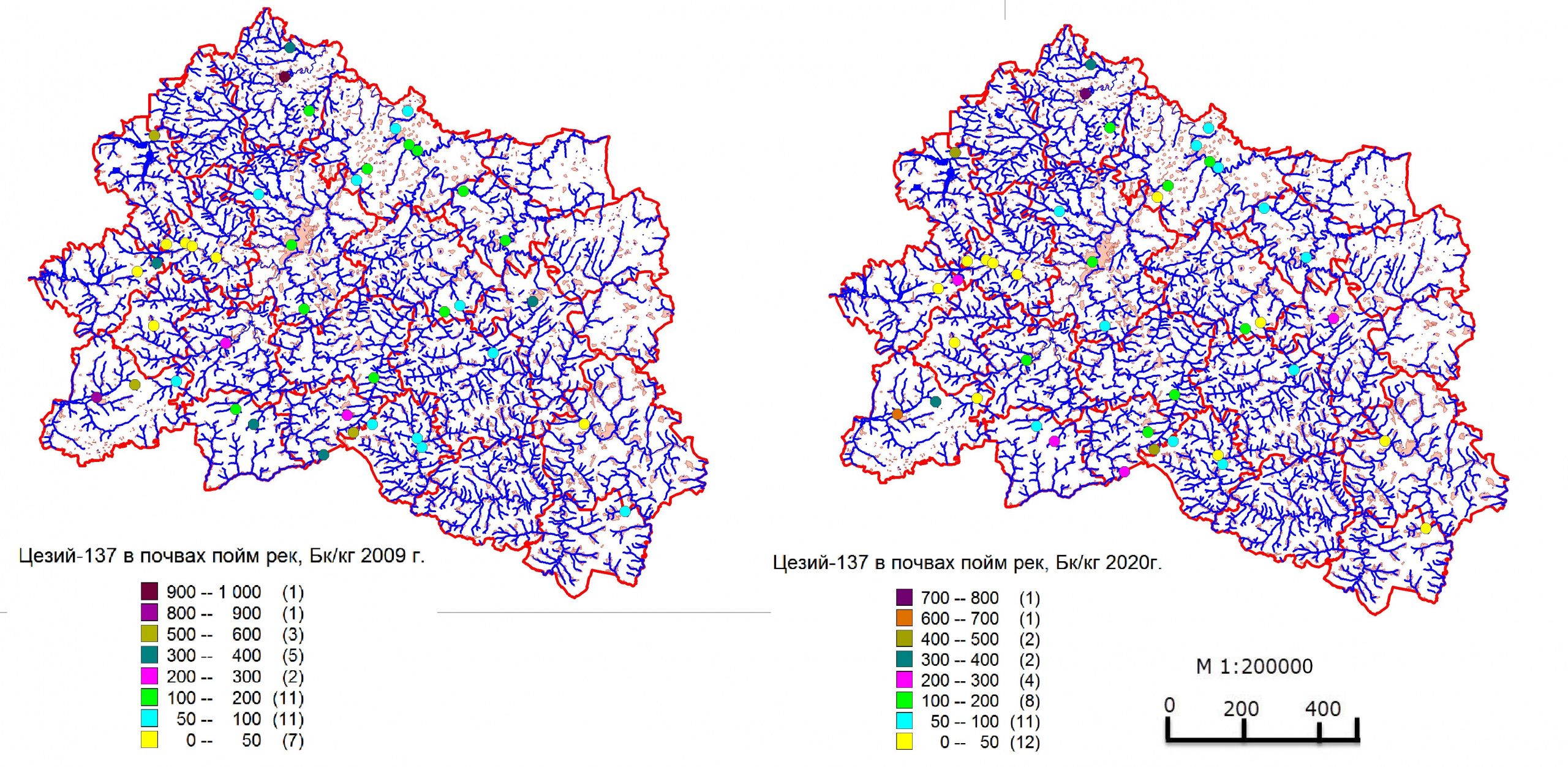 Карта распределения цезия-137 в почвах пойм рек Орловской области. 2009г (слева). 2020г.  (расчетная - справа).