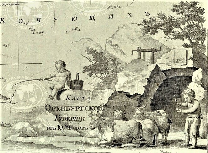 Картуш, представляющий аллегорический образ Оренбургской губернии. Российский атлас 1800 года. Фото: Геопортал РГО