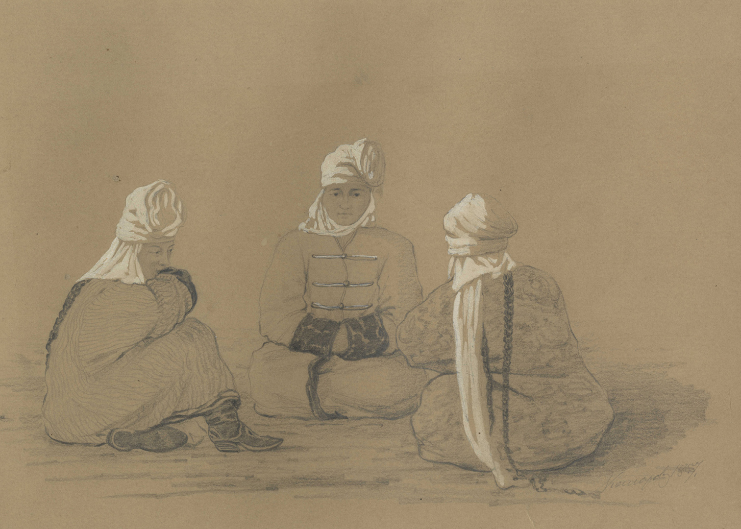Жены детей Бурамбая. Из альбома П.М.Кошарова к путешествию П.П.Семёнова на Тянь-Шань, 1857 г..jpg