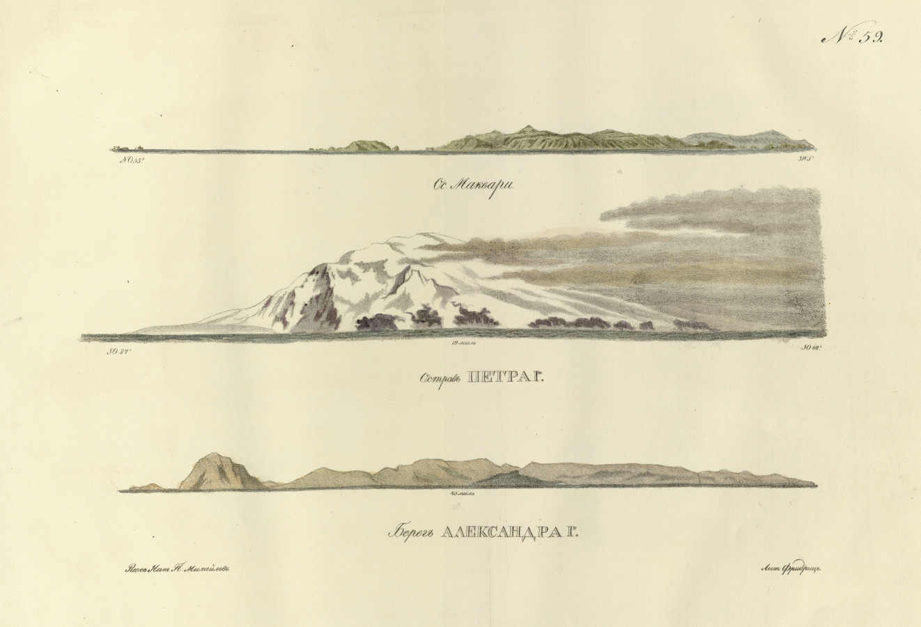 Вид островов Маквари, Петра I и Александра I. Акварель из альбома Павла Михайлова, участника Первой русской антарктической экспедиции. 1821 г.
